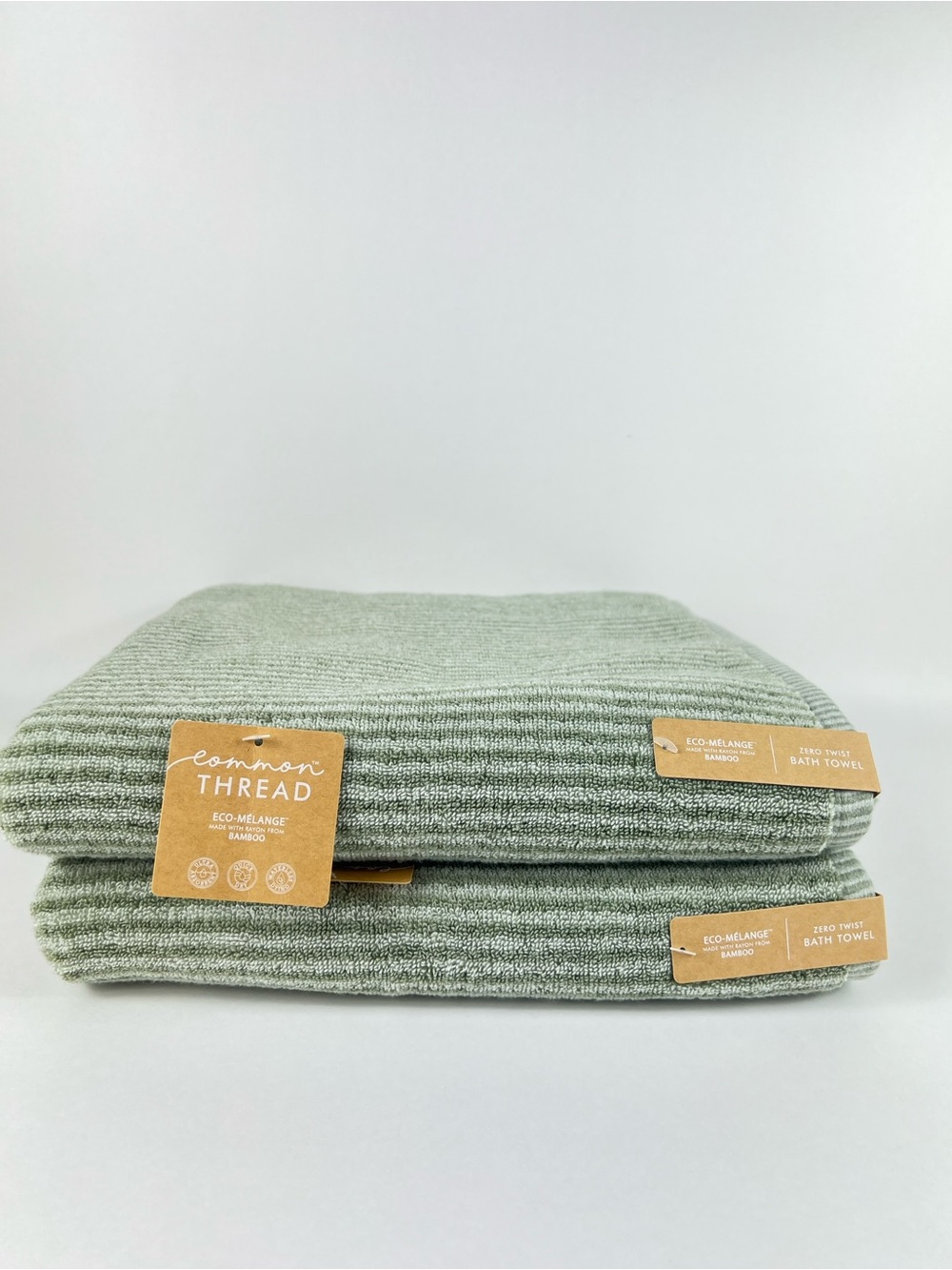 Common Thread Bamboo Bath Towels Green Striped Zero Twist Soft Cotton 2 Pc NEW